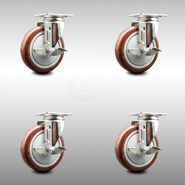 Service Caster 5 Inch 316SS Maroon Polyurethane Wheel Swivel Top Plate Caster Set with Brake SCC-SS31620S514-PPUB-MRN-TLB-4 - main